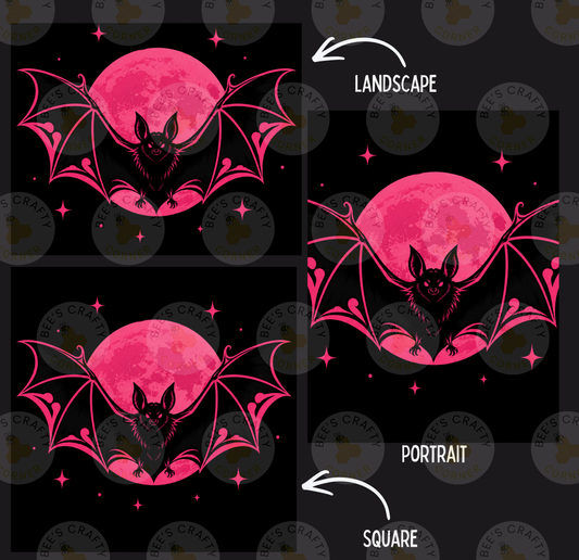 The image is a collage of three images featuring a bat against a large, bright pink moon. The bat is depicted in different poses, such as sitting, flying, and perched on the moon. The images are labeled "LANDscape", "PORTRAIT", and "SQUARE", indicating the different artistic styles or perspectives used in the collage.