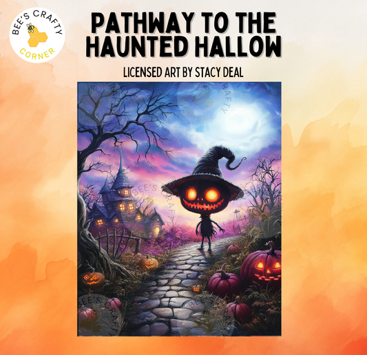 The image is a Halloween-themed painting depicting a path leading to a Haunted Hallow. The scene includes a witch, pumpkins, and a castle, creating a spooky and eerie atmosphere.