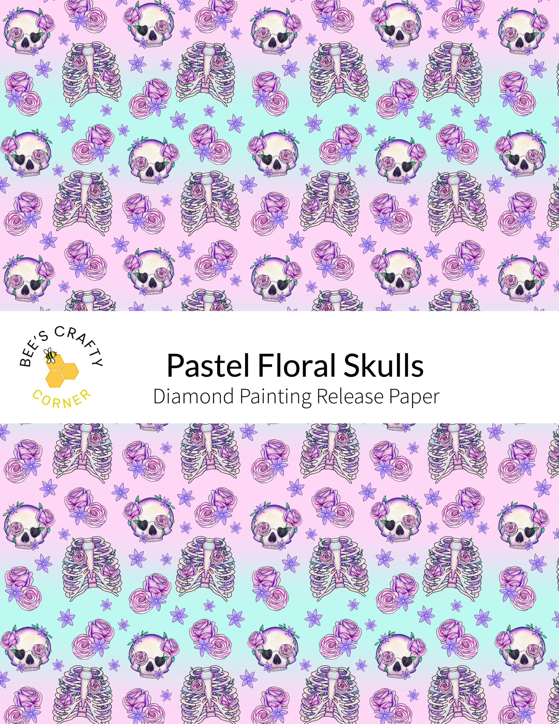 The image is a repeating pattern of pastel floral skulls and roses on a light blue background, with purple and pink accents.