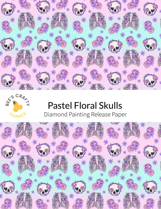 The image is a repeating pattern of pastel floral skulls and roses on a light blue background, with purple and pink accents.