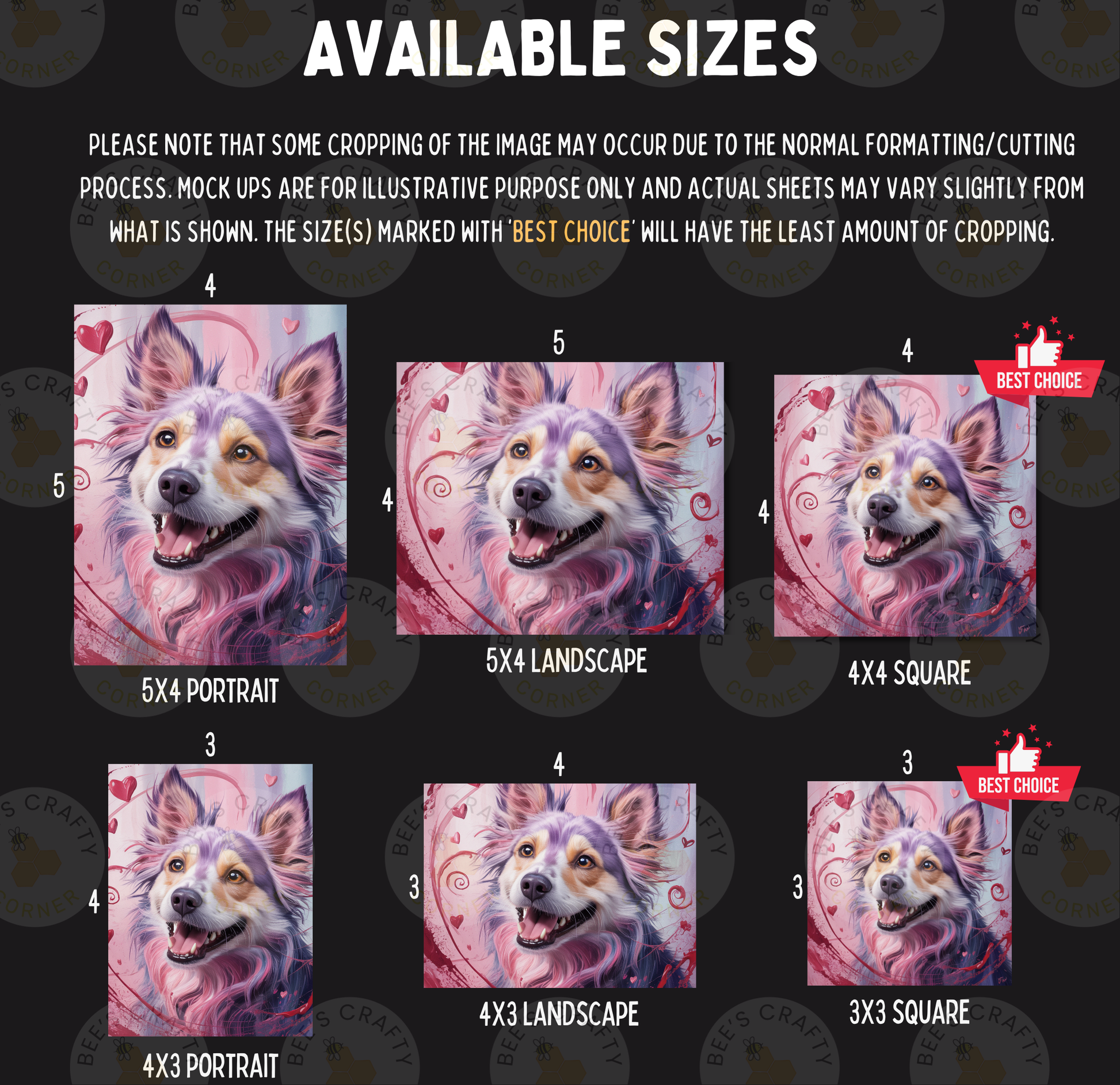 The image is a collage of six images featuring a dog's portrait, each with a different size and format. The sizes range from 5x4 to 5x3, and the formats include 5x4 portrait, 5x4 landscape, 5x3 square, 4x3 landscape, and 3x3 square. The images are marked with "BEST CHOICE" labels, indicating the best choice among the available sizes and formats.