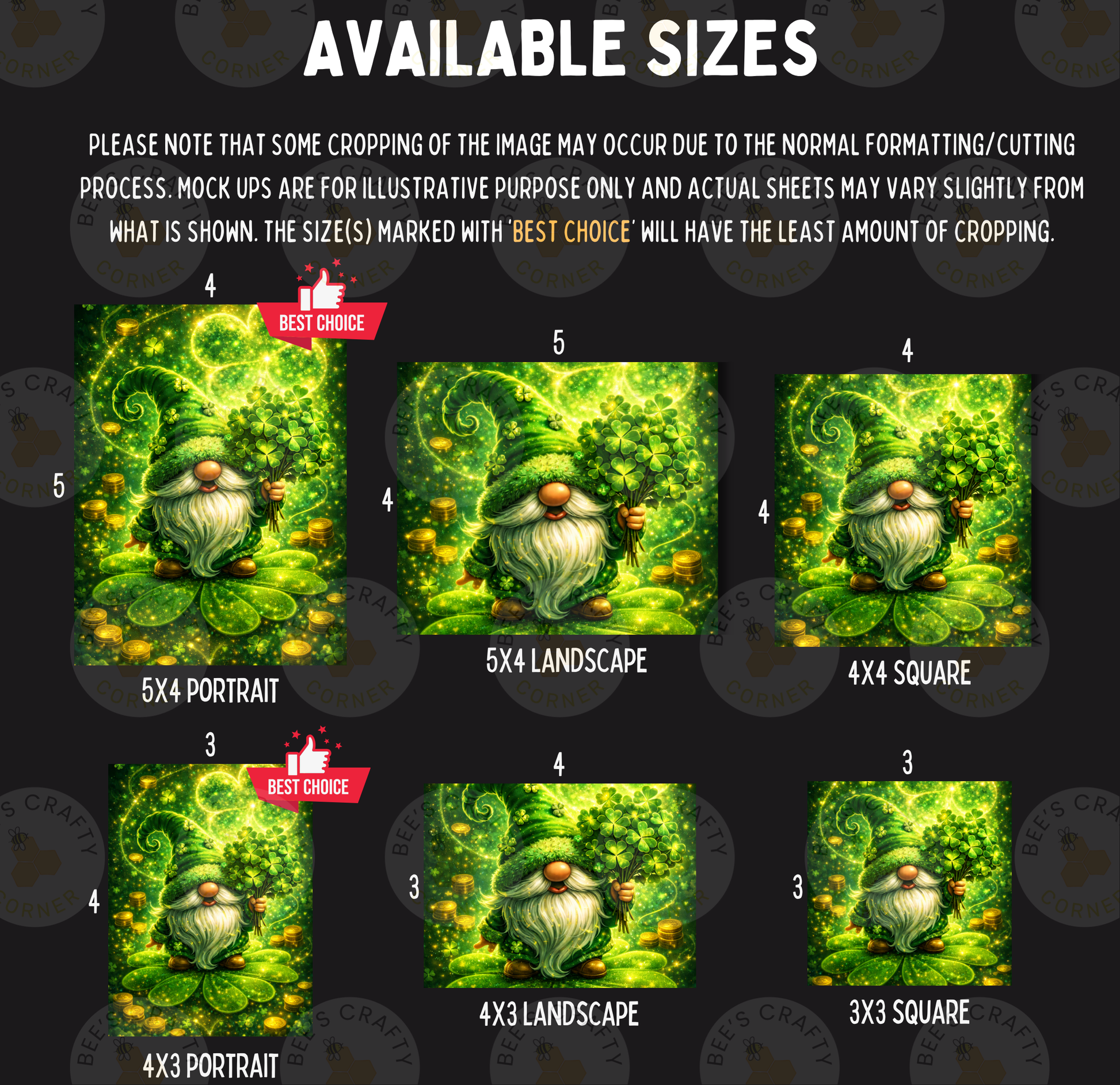 The image is a collage of six different sizes of paintings or illustrations featuring a gnome or a similar character in a green, forest-like setting. The sizes range from 5x4 to 5x3, and the paintings are labeled with the corresponding size and the best choice.