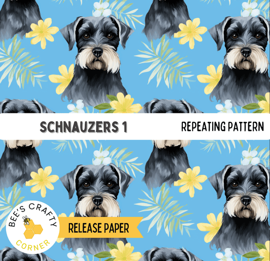 The image is a repeating pattern of black and white Schnauzer dogs against a blue background with yellow flowers.