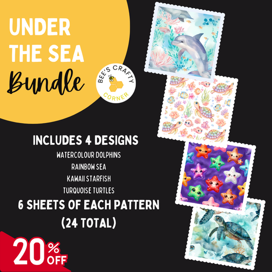 The image is an advertisement for a "Under the Sea Bundle" that includes four designs, including watercolour dolphins, rainbow sea, kaki starfish, turquoise turtles, and six sheets of each pattern. The bundle is offered at a 20% discount.