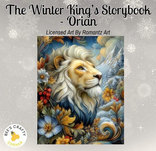 The image is a vibrant and detailed illustration of a lion's head surrounded by a lush, colorful landscape with flowers, leaves, and snow.