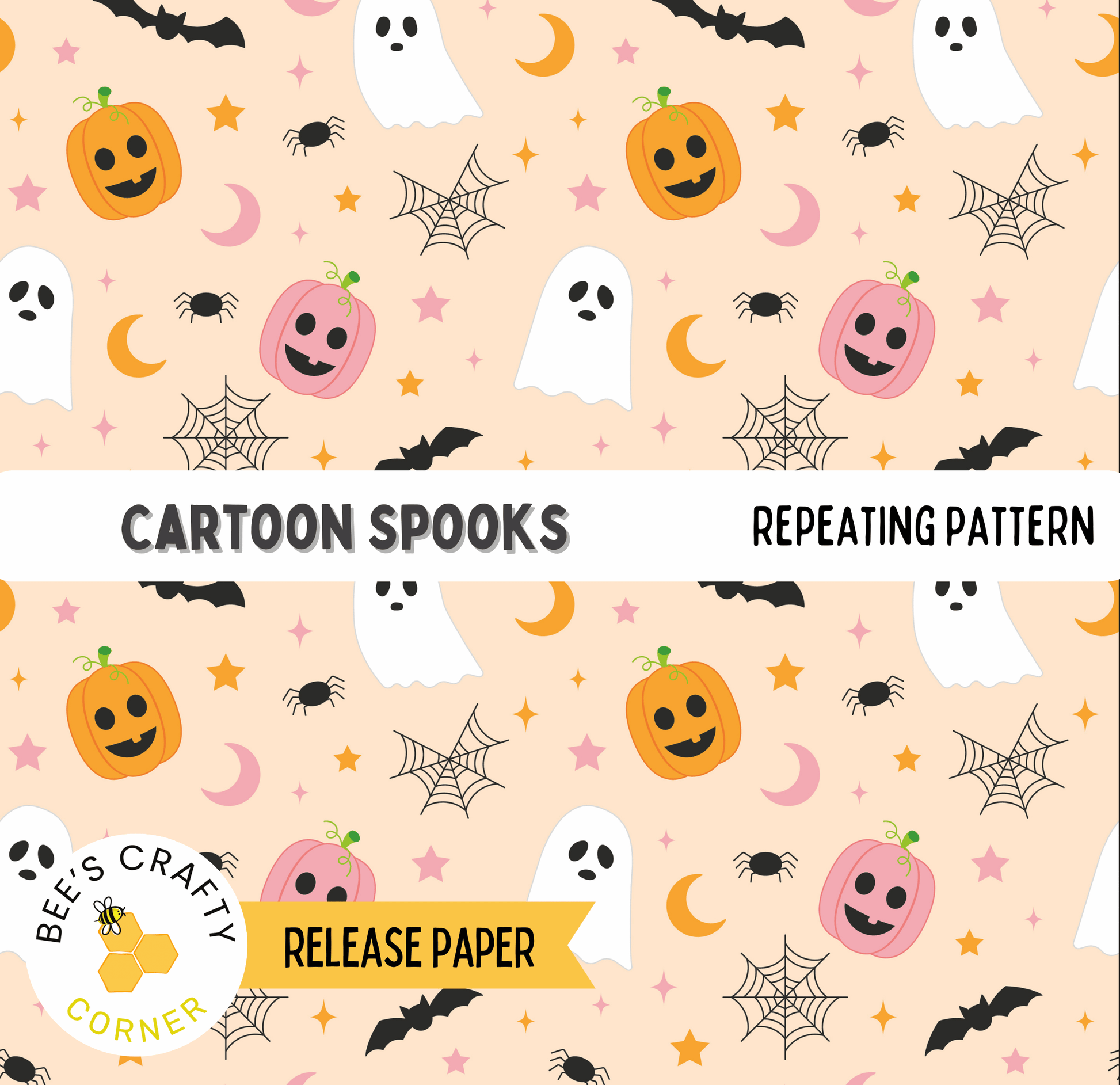 The image is a repeating pattern of cartoon spooky elements, including pumpkins, bats, spiders, and ghostly figures, all set against a peach background.