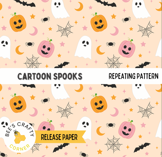 The image is a repeating pattern of cartoon spooky elements, including pumpkins, bats, spiders, and ghostly figures, all set against a peach background.