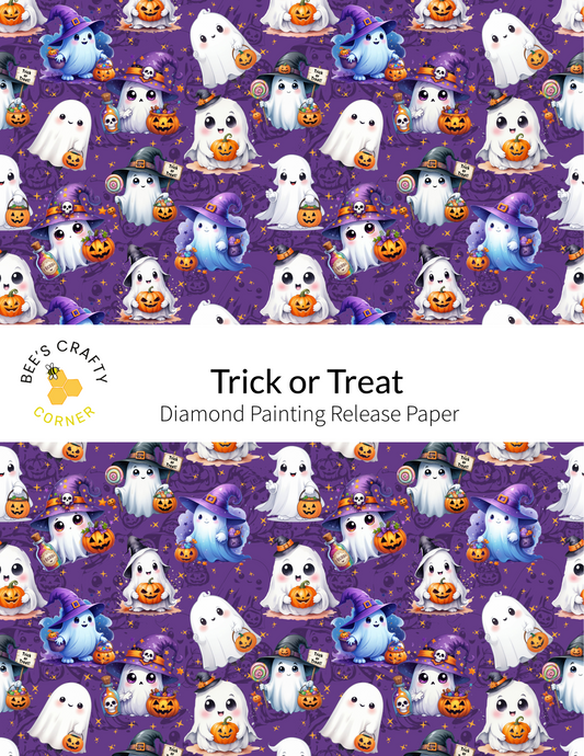 The image is a repeating pattern of various Halloween-themed ghost characters, including both happy and sad-looking ones, along with jack-o-lanterns and other spooky elements. The pattern is predominantly purple, with orange and black accents. The text "Trick or Treat" is visible, suggesting the image is related to a Halloween-themed design or decoration.