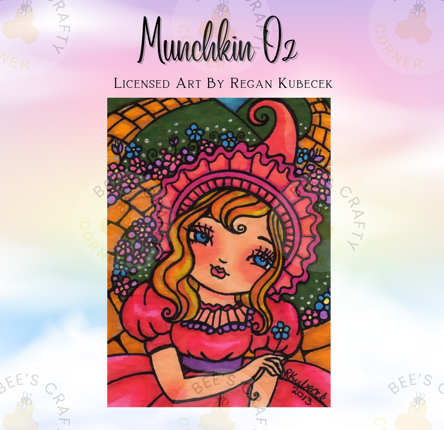The image is a colorful illustration of a young girl with blonde hair and a pink dress, surrounded by a floral pattern.