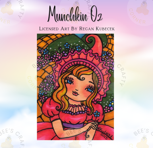 The image is a colorful illustration of a young girl with blonde hair and a pink dress, surrounded by a floral pattern.