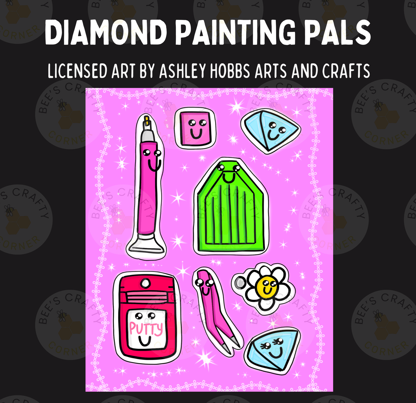 The image is a collection of cartoon-style illustrations of various objects, including a pencil, a flower, a tag, and a pair of scissors, all with smiling faces.