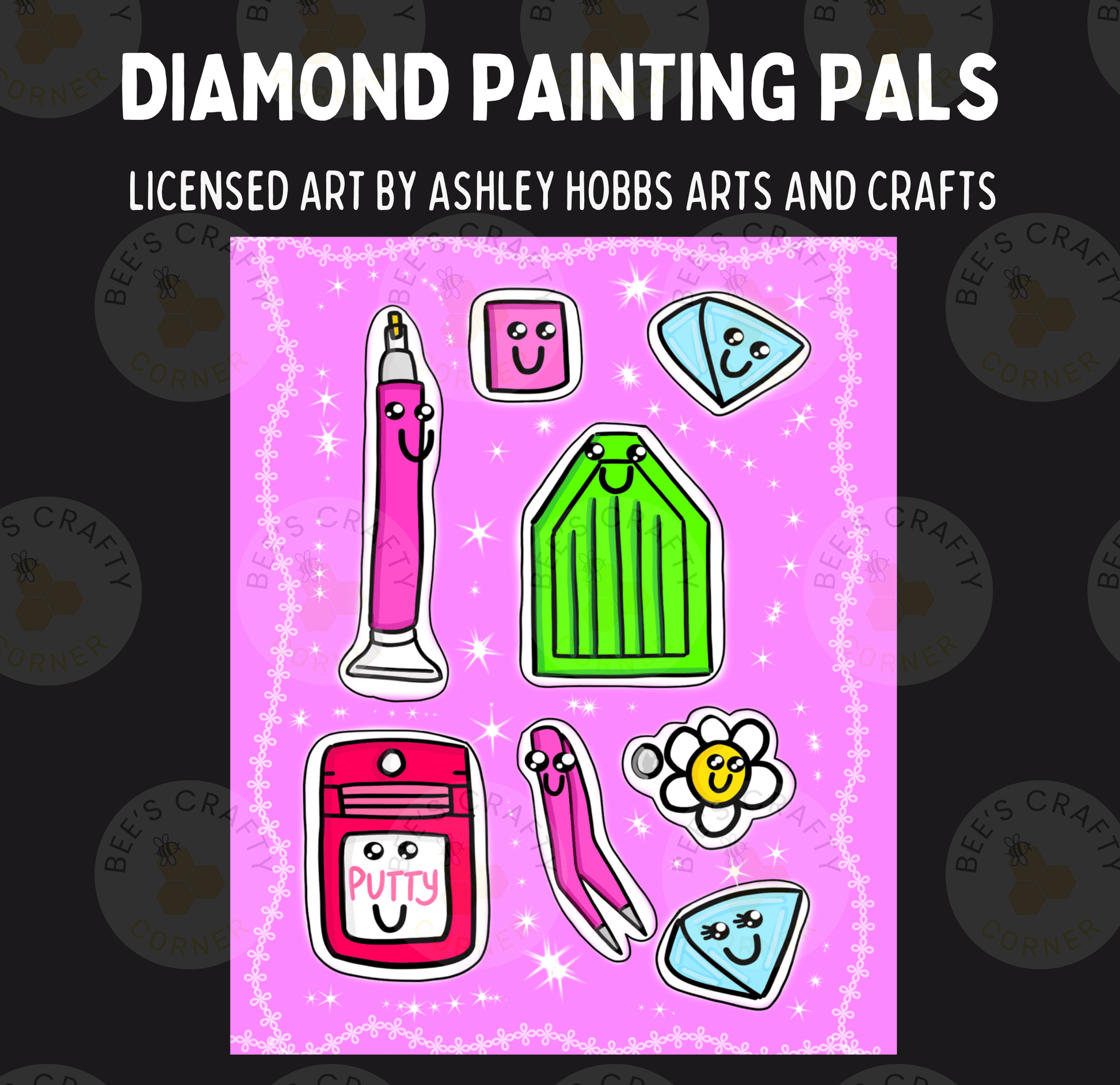 The image is a collection of cartoon-style illustrations of various objects, including a pencil, a flower, a tag, and a pair of scissors, all with smiling faces.