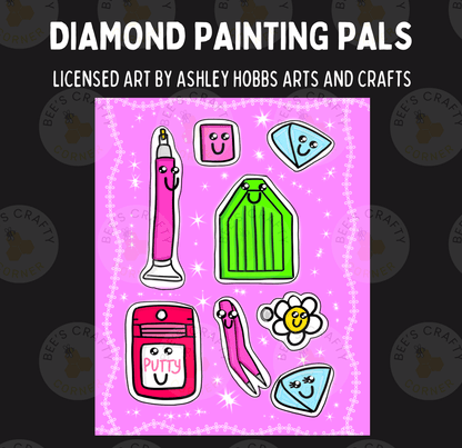 The image is a collection of cartoon-style illustrations of various objects, including a pencil, a flower, a tag, and a pair of scissors, all with smiling faces.
