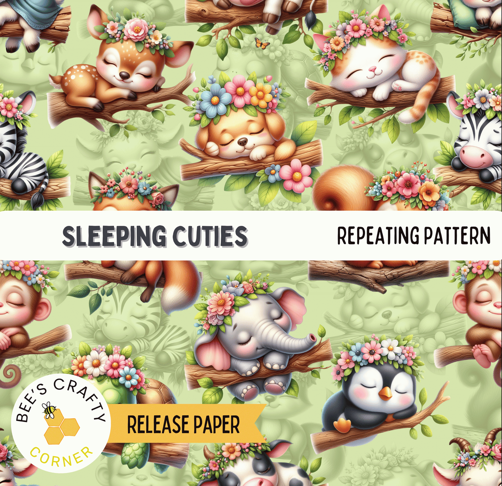 The image is a repeating pattern of various cartoon animals, including deer, cat, zebra, monkey, elephant, and penguin, all wearing flower crowns and sleeping on branches.
