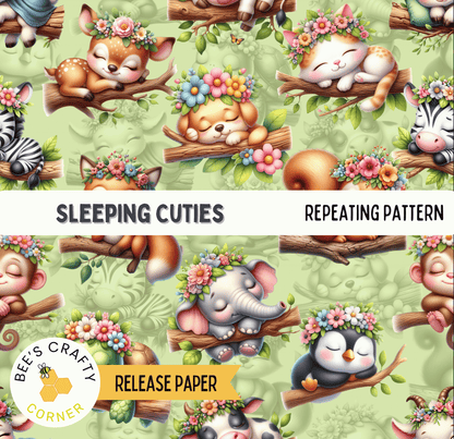 The image is a repeating pattern of various cartoon animals, including deer, cat, zebra, monkey, elephant, and penguin, all wearing flower crowns and sleeping on branches.