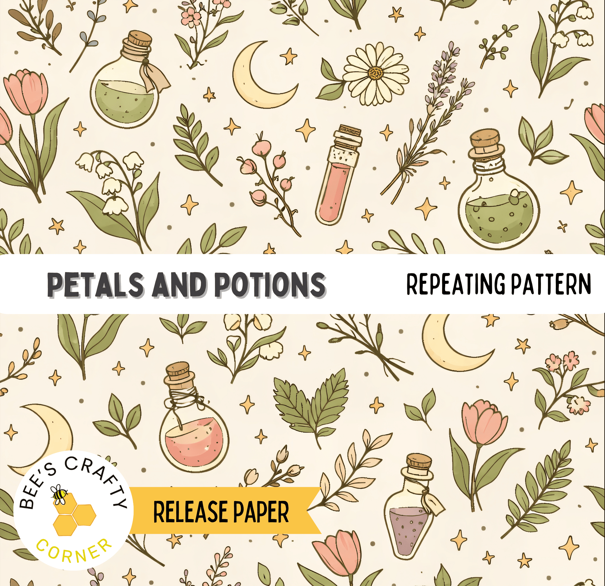 The image is a repeating pattern of various botanical elements, including flowers, leaves, and bottles, along with stars and crescents. The pattern is designed to resemble a collection of botanical illustrations or a botanical-themed design.