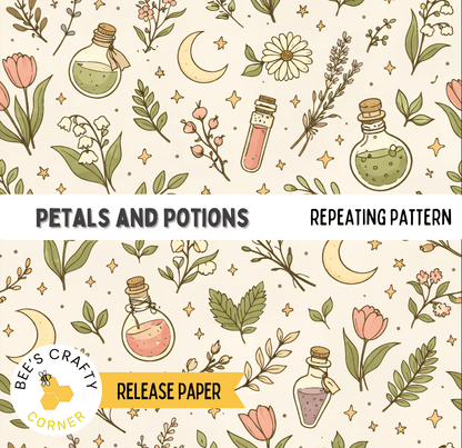 The image is a repeating pattern of various botanical elements, including flowers, leaves, and bottles, along with stars and crescents. The pattern is designed to resemble a collection of botanical illustrations or a botanical-themed design.