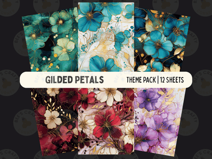 The image is a theme pack containing 12 different floral designs, each with a unique color scheme and pattern. The designs include various shades of blue, green, red, and purple flowers, as well as gold and white accents. The theme pack is titled "Gilded Petals" and includes a "theme pack | 12 sheets" label.