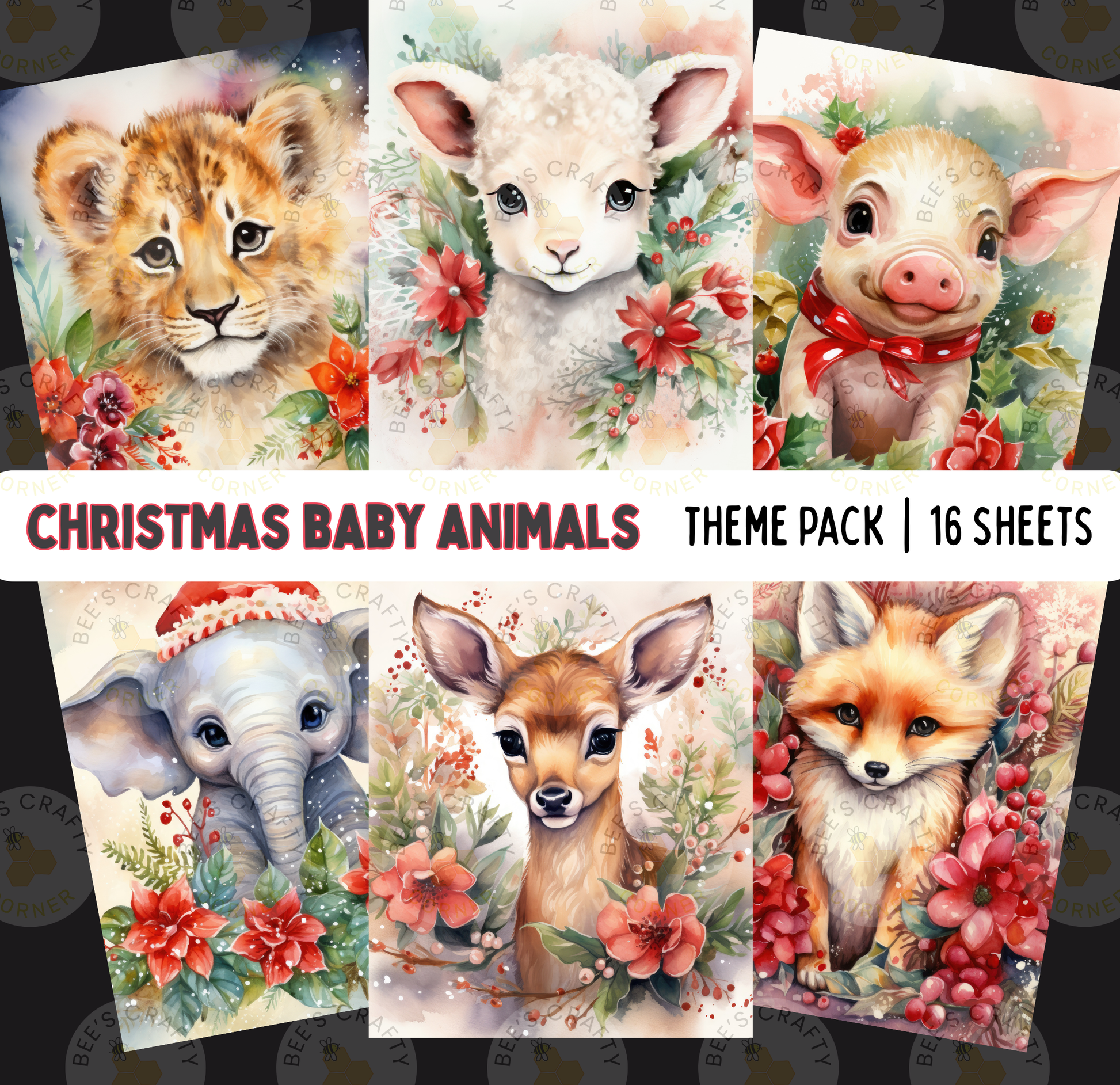 The image is a theme pack of Christmas baby animals, containing 16 sheets of illustrations featuring various animals such as a lion, sheep, pig, elephant, deer, and fox, all surrounded by flowers and greenery.