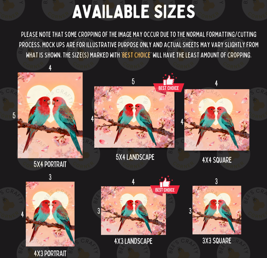 The image is a collage of six images featuring two birds perched on branches, with varying sizes and arrangements. The images are labeled with numbers and descriptions, such as "5X4 PORTRAIT", "5X4 LANDscape", "4X3 SQUARE", "4X3 PORTRAIT", and "4X3 LANDscape". The text indicates that the images may have cropped or cropped parts, and that the actual size of the actual images may vary slightly from the labeled sizes.