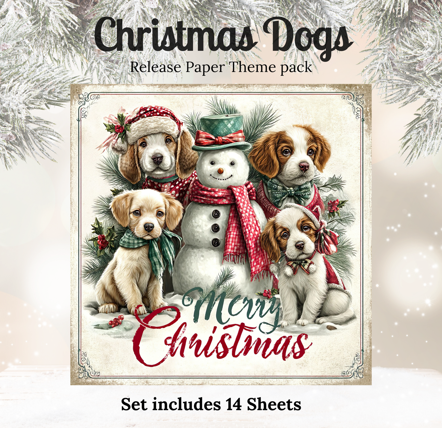 The image is a Christmas-themed paper theme pack featuring a snowman and four dogs dressed in winter attire, surrounded by pine branches and snowflakes.