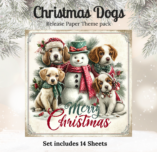 The image is a Christmas-themed paper theme pack featuring a snowman and four dogs dressed in winter attire, surrounded by pine branches and snowflakes.