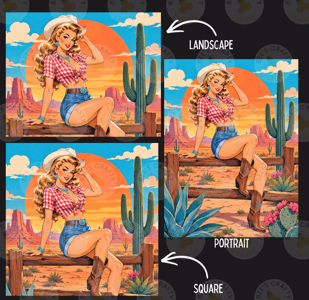 The image is a collage of three pictures depicting a woman in a cowboy hat and red and white outfit, sitting on a wooden fence in a desert landscape with cacti and a sunset.