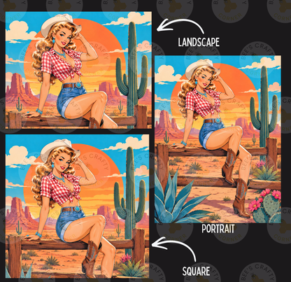 The image is a collage of three pictures depicting a woman in a cowboy hat and red and white outfit, sitting on a wooden fence in a desert landscape with cacti and a sunset.