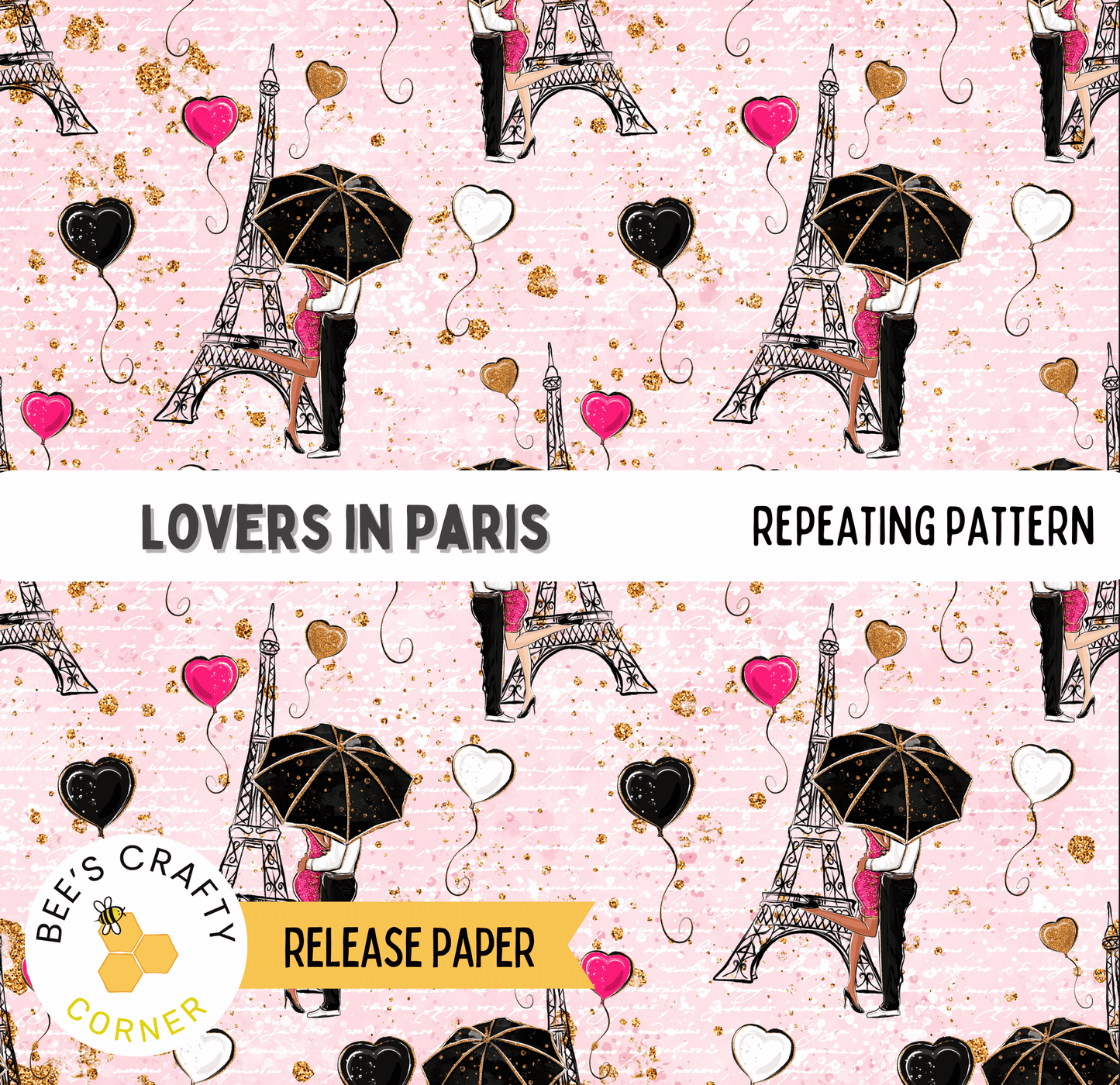 The image is a repeating pattern featuring the Eiffel Tower, hearts, and black umbrellas.