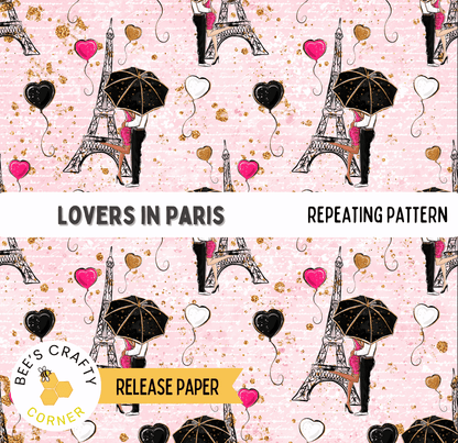 The image is a repeating pattern featuring the Eiffel Tower, hearts, and black umbrellas.