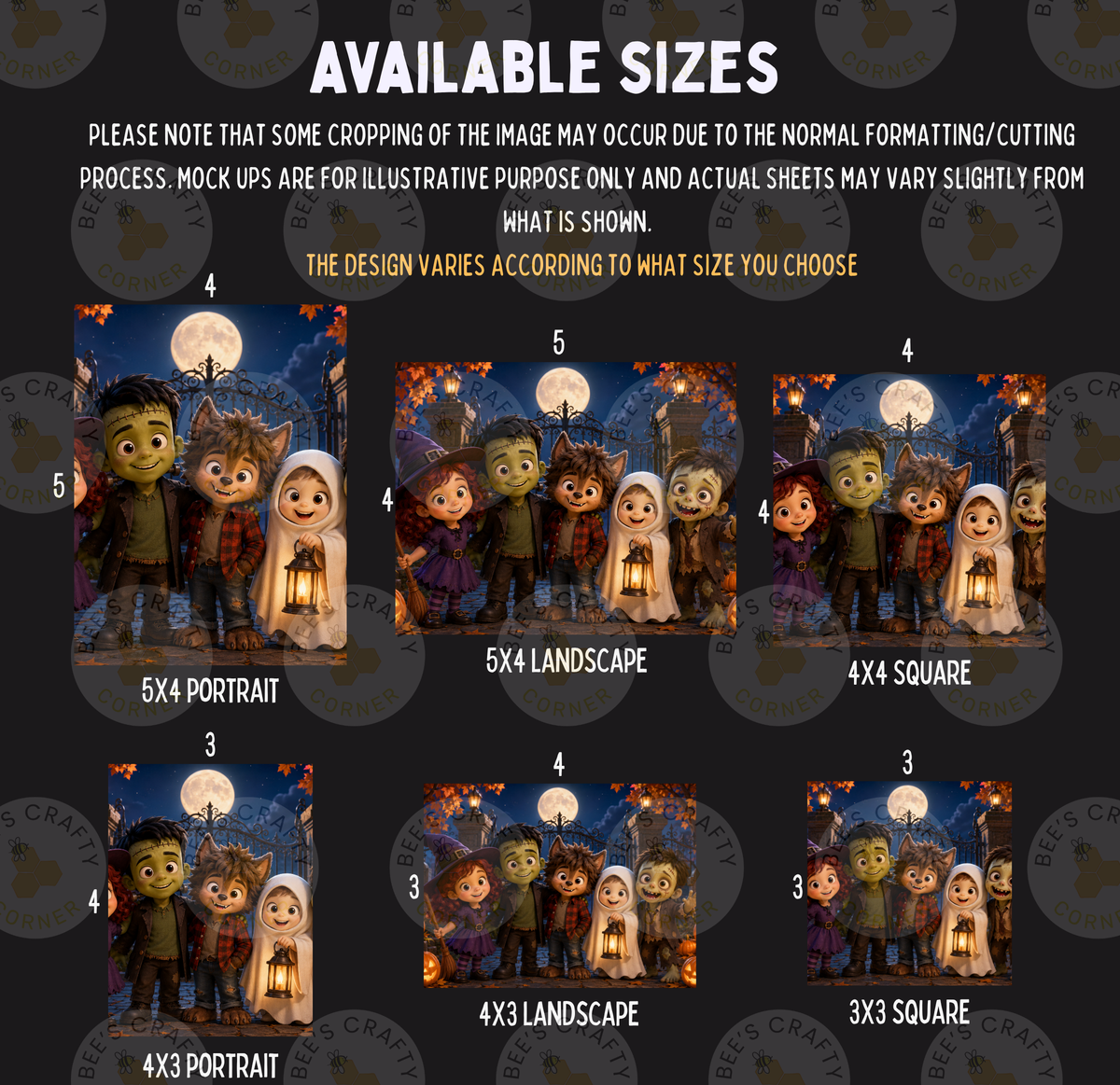 a collage of six different sizes of Halloween-themed images, including portraits and landscapes, with various characters and settings.