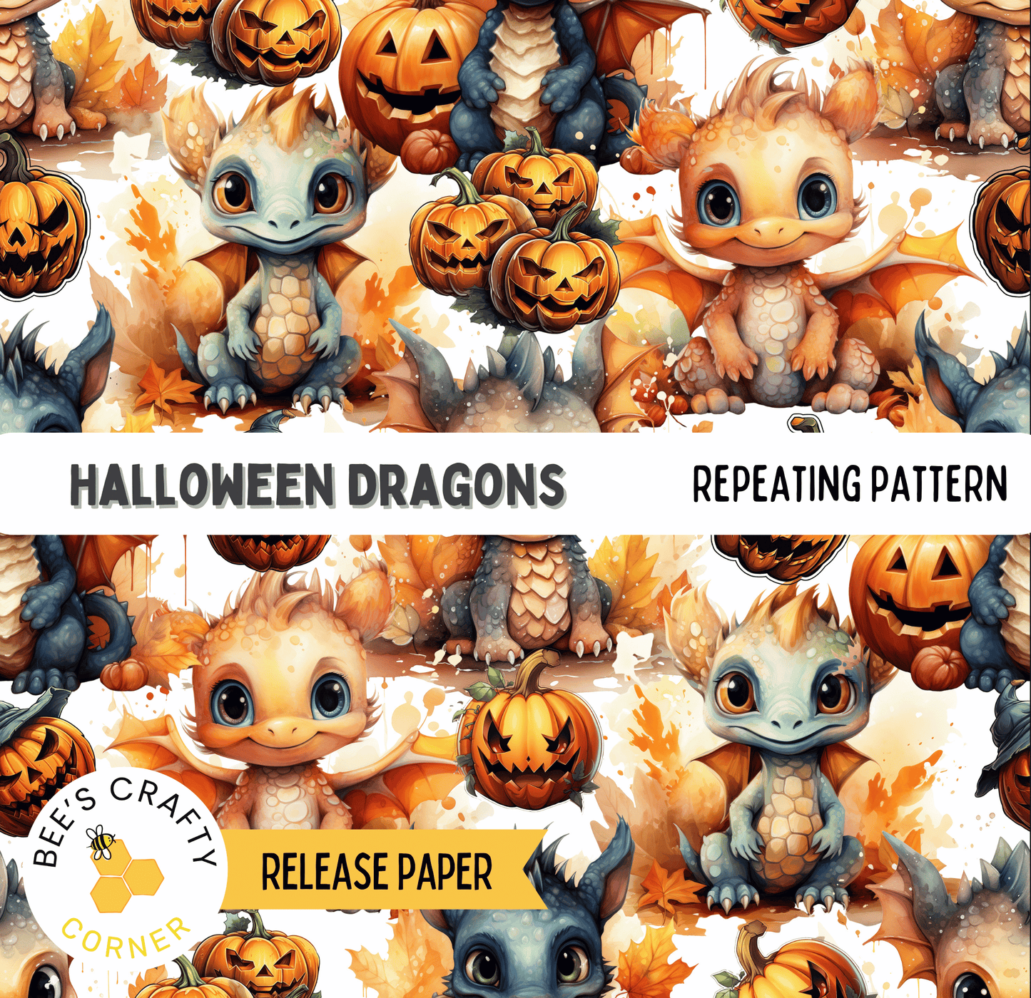 The image is a repeating pattern of Halloween-themed dragon illustrations, including various sizes and positions of the dragons, pumpkins, and other Halloween-related elements.