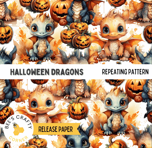 The image is a repeating pattern of Halloween-themed dragon illustrations, including various sizes and positions of the dragons, pumpkins, and other Halloween-related elements.
