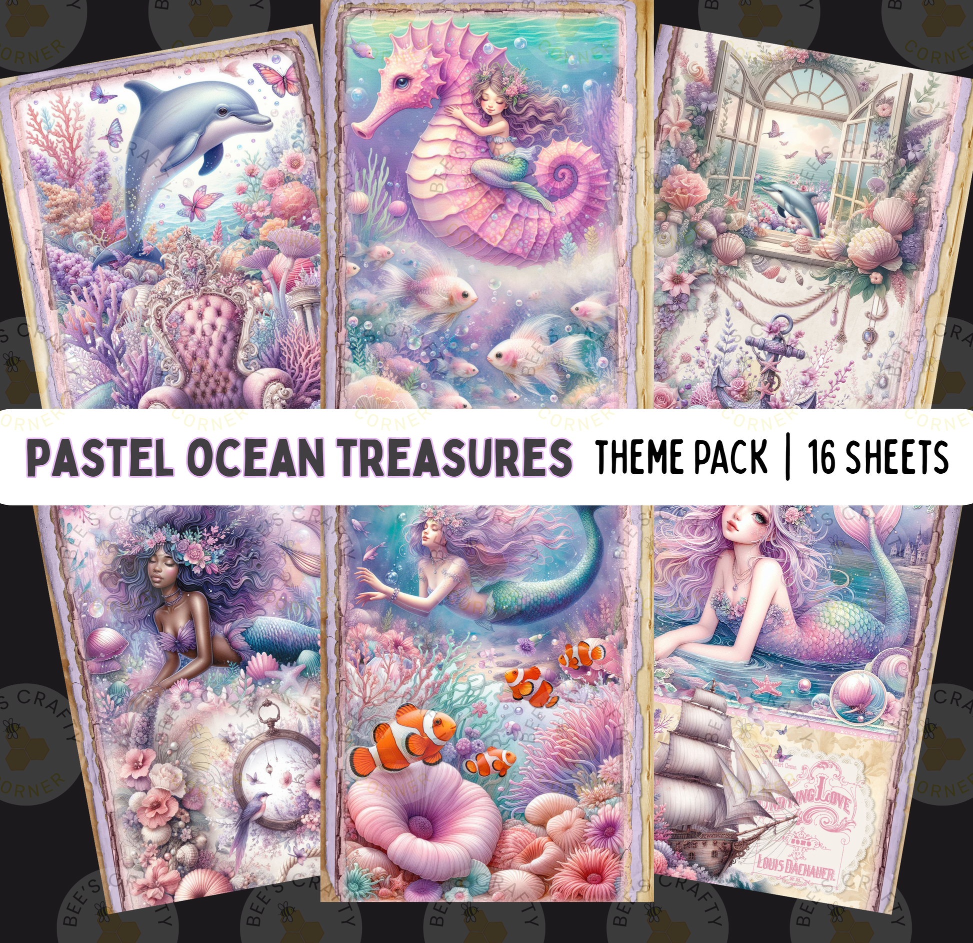 The image is a theme pack of pastel ocean treasures, containing 16 sheets of vibrant, whimsical illustrations depicting mermaids, sea creatures, and underwater scenes.