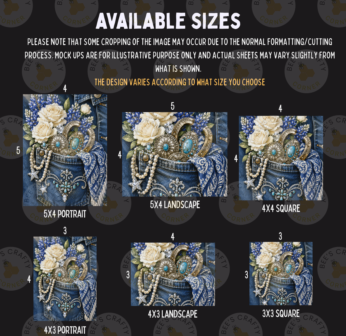 The image is a collage of six images, each depicting a different size of a floral arrangement, with various sizes of blue and white flowers, as well as decorative elements such as pearls and gemstones.
