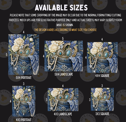 The image is a collage of six images, each depicting a different size of a floral arrangement, with various sizes of blue and white flowers, as well as decorative elements such as pearls and gemstones.