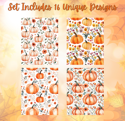 four different patterns featuring pumpkins and flowers, including a repeating pattern of pumpkins and flowers, a pattern of pumpkins and flowers, a pattern of pumpkins and flowers, and a pattern of pumpkins and flowers.