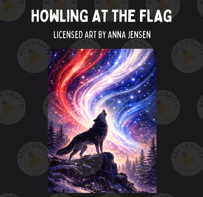 The image is a painting depicting a wolf howling at the stars, with a night sky backdrop featuring a colorful, swirling pattern of stars.