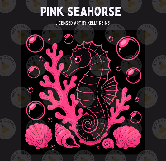 The image is a vibrant illustration of a pink seahorse surrounded by bubbles, shells, and coral, all set against a dark background.