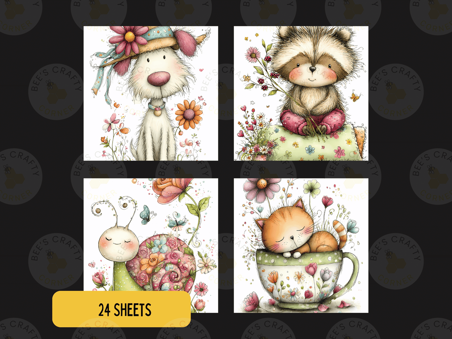 The image is a collage of four square illustrations featuring various animals and flowers, including a dog, a raccoon, a cat, and a snail, all surrounded by colorful flowers and plants.