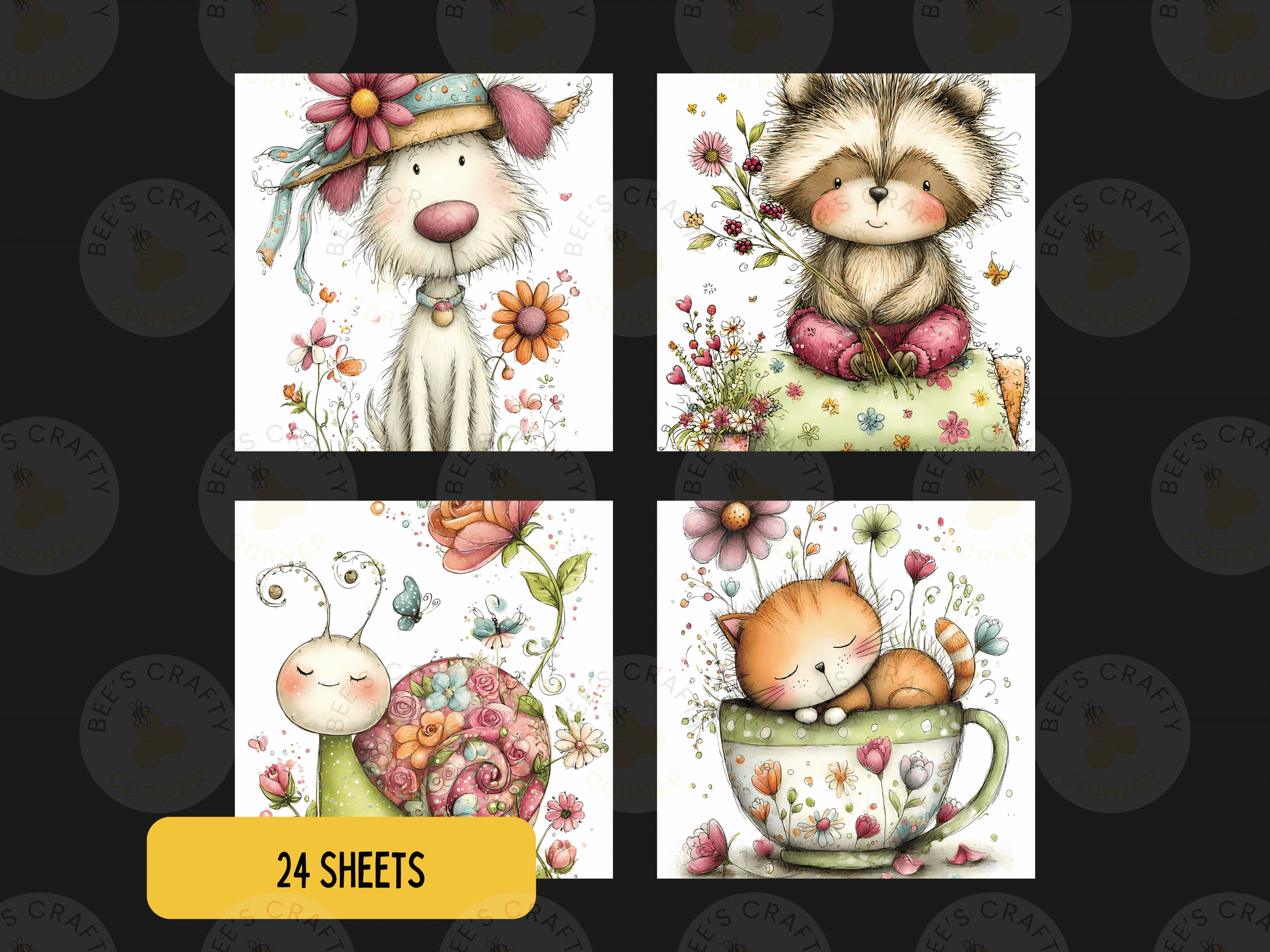 The image is a collage of four square illustrations featuring various animals and flowers, including a dog, a raccoon, a cat, and a snail, all surrounded by colorful flowers and plants.