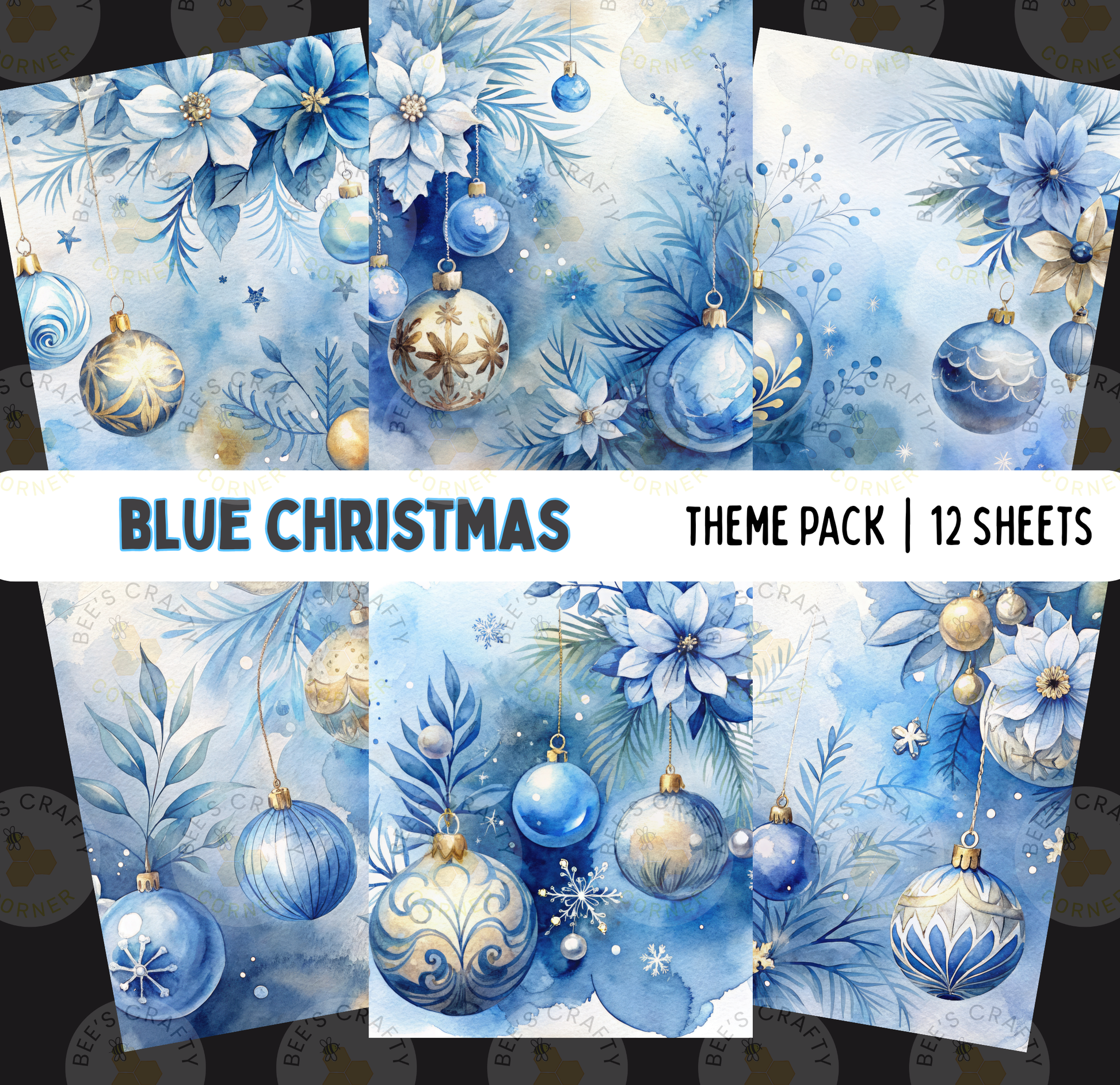 The image is a collage of 12 watercolor-style Christmas ornaments in shades of blue and gold, arranged in a festive and decorative manner.