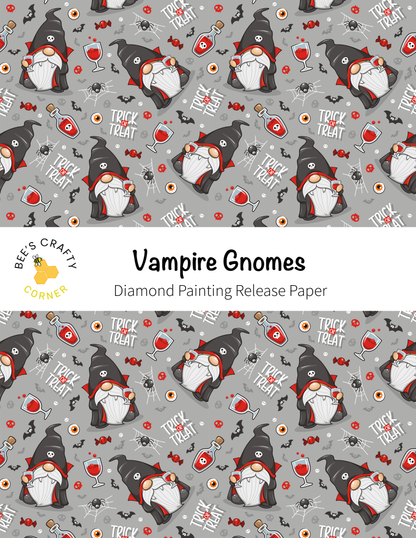 The image is a repeating pattern of Vampire gnomes wearing black hats and scarves, with various Halloween-themed elements such as bats, skulls, and bottles scattered throughout the pattern.