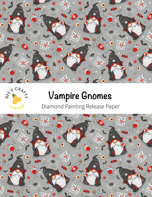 The image is a repeating pattern of Vampire gnomes wearing black hats and scarves, with various Halloween-themed elements such as bats, skulls, and bottles scattered throughout the pattern.
