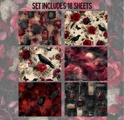 a set of six distinct images, each with a unique background featuring various elements such as roses, bats, and bottles. The images are arranged in a grid format, with two rows and three columns. The background of each image is a different color, creating a visually appealing and diverse collection of images.
