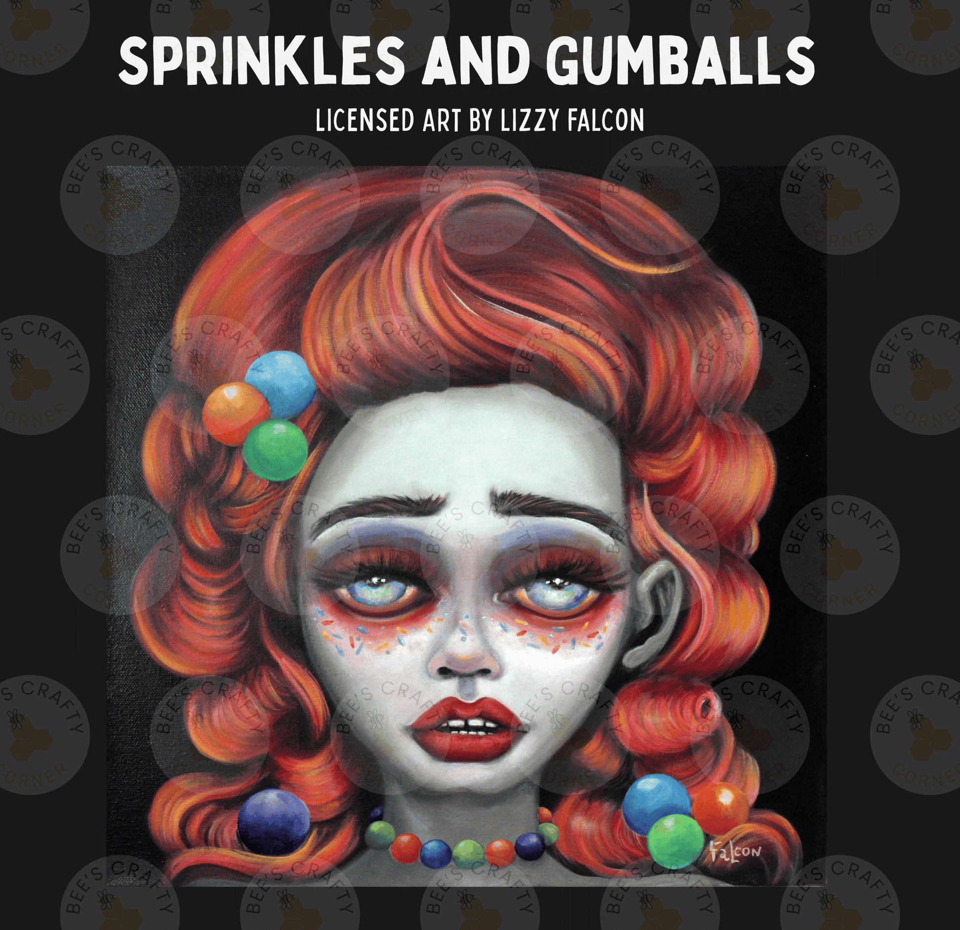 The image is a painting of a woman with red hair and a white face, wearing colorful gumball earrings and a necklace.