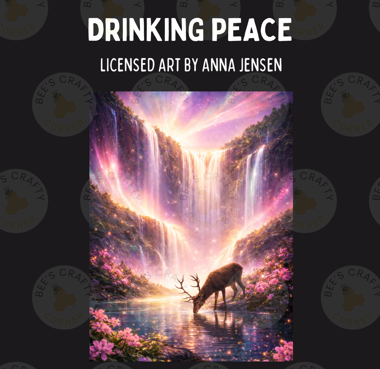 The image is a painting depicting a deer standing in a tranquil body of water, surrounded by a lush, colorful landscape with a waterfall cascading down the mountainside.