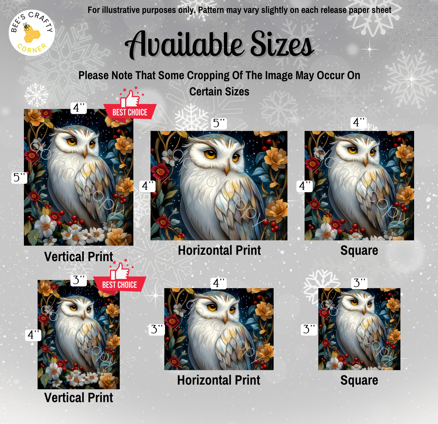 The image is a collection of six different sizes of owl paintings, each with a unique style and color scheme. The owl paintings are arranged in a grid format, with three paintings in each row and two paintings in each column. The sizes of the paintings vary, ranging from 4" to 5" in height. The image is a collage of multiple images, and the text provides information about the available sizes for each painting.