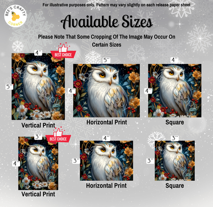 The image is a collection of six different sizes of owl paintings, each with a unique style and color scheme. The owl paintings are arranged in a grid format, with three paintings in each row and two paintings in each column. The sizes of the paintings vary, ranging from 4" to 5" in height. The image is a collage of multiple images, and the text provides information about the available sizes for each painting.