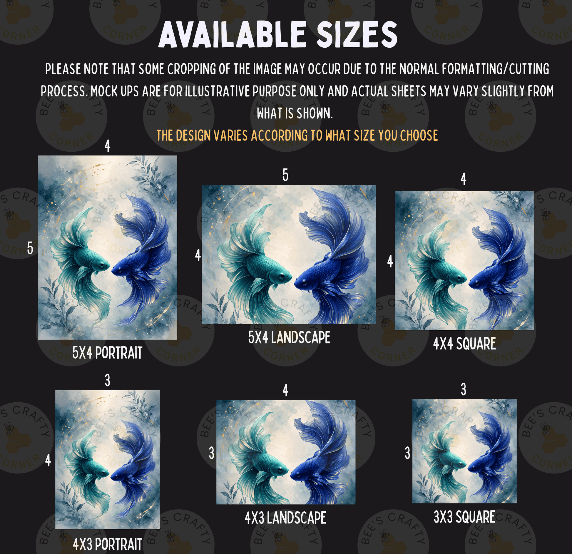 six different sizes of the same artwork, depicting a blue and green fish. The sizes range from 5x4 to 5x3, and the artwork is shown in portrait, landscape, and square format. The image is a collage of multiple images, and the description should not include phrases like 'The image depicts', 'The image displays', 'The image shows', 'In the image', 'The image captures', 'The image features', or similar phrases.